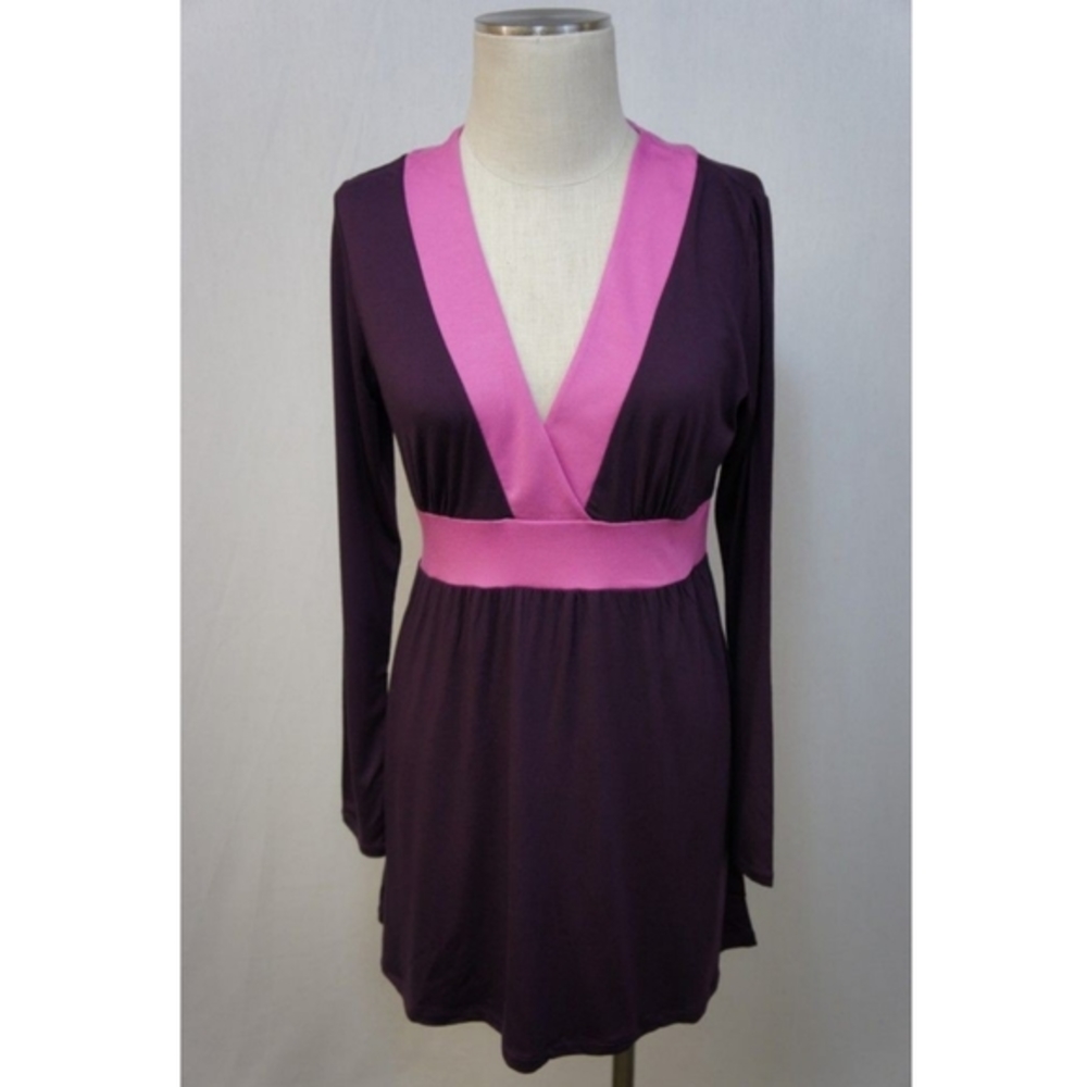 New York &‎ Co. Stretch V-Neck Empire Waist Long Sleeve Dress Burgundy Pink